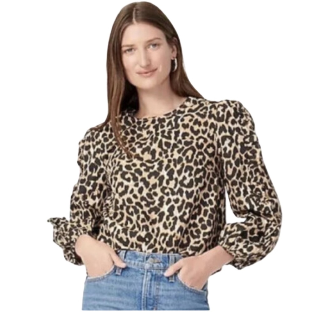 J. Crew Women's Leopard Print Long Ruffle Puff Sleeves Blouse Relaxed Fit NWT